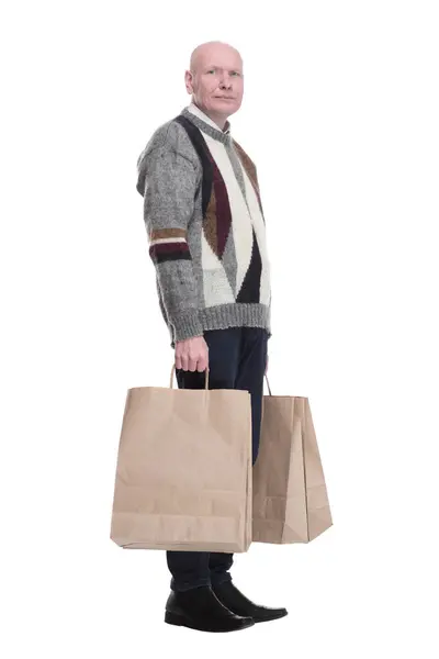 Side View Casual Man Showing Shopping Bags Shopping Isolated White — Stock Photo, Image