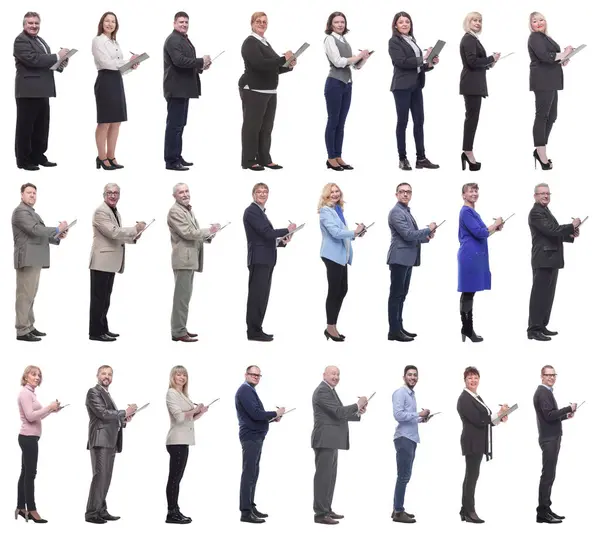 Gruppe Erfolgreicher Menschen Mit Notizblock Den Händen Isoliert Auf Weißem Stockbild