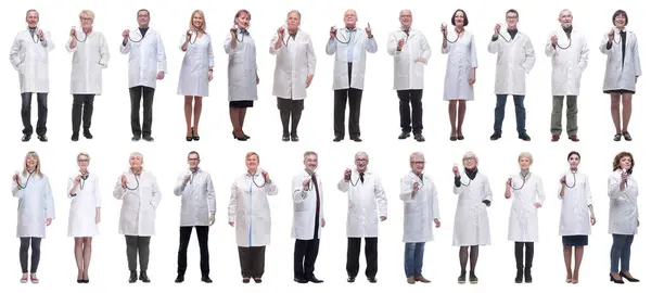 Group Doctors Holding Stethoscope Isolated White Background — Stock Photo, Image