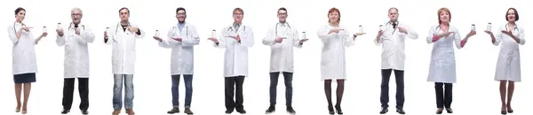 Group Doctors Holding Jar Isolated White Background — Stock Photo, Image