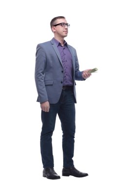 Para tutan bir iş adamının tam portresi, beyaz üzerinde izole.