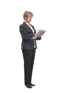 Senior stylish businesswoman wearing glasses and writing on clipboard isolated on white