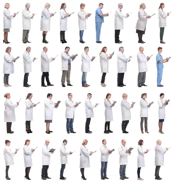 Plná Délka Skupina Lékařů Poznámkovým Blokem Izolované Bílém Pozadí Stock Obrázky