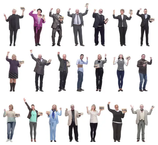 Grupo Pessoas Felizes Com Presentes Suas Mãos Isoladas Fundo Branco — Fotografia de Stock