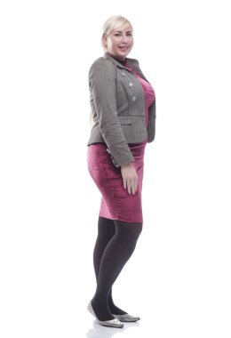 Uzun boylu, kendinden emin, modern kadın kameraya bakıyor. beyaz arkaplanda izole edilmiş.