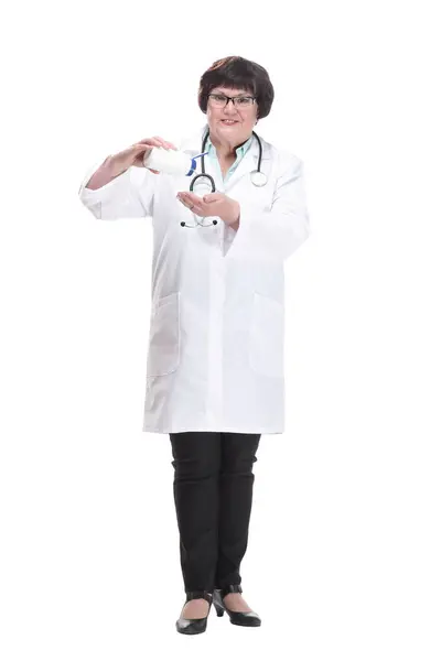 Full Growth Senior Female Doctor Sanitizer Hand Isolated White Background — Stock Photo, Image
