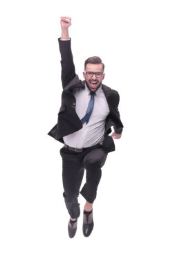 Tam gelişim. Mutlu dans eden genç iş adamı. beyaz arkaplanda izole