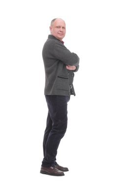 Tam gelişim. Günlük giysiler içinde yetişkin bir adam. Beyaz bir arka planda izole edilmiş..