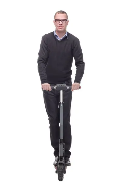 Full Length Portrait Cheerful Cool Man Scooter Gesturing His Hand — Stock Photo, Image