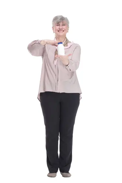 Full Growth Smiling Old Lady Showing Hand Sanitizer Isolated White — Stock Photo, Image
