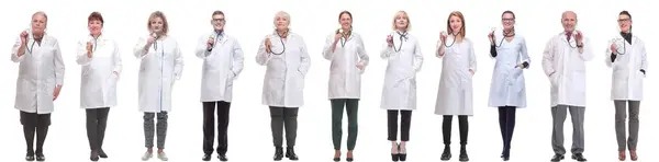 Group Doctors Holding Stethoscope Isolated White Background — Stock Photo, Image