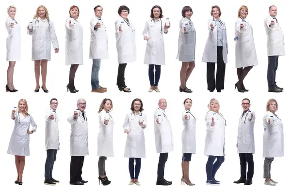 Grupo Médicos Sosteniendo Frasco Aislado Sobre Fondo Blanco —  Fotos de Stock