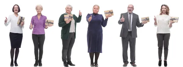 Grupp Glada Människor Med Gåvor Händerna Isolerade Vit Bakgrund — Stockfoto