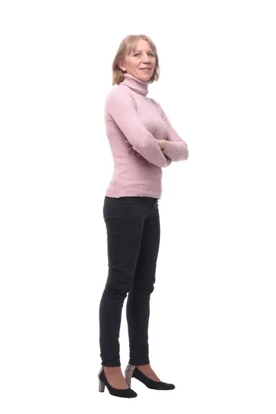 Full Length Side View Confident Business Woman Standing Folded Hands — Stock Photo, Image