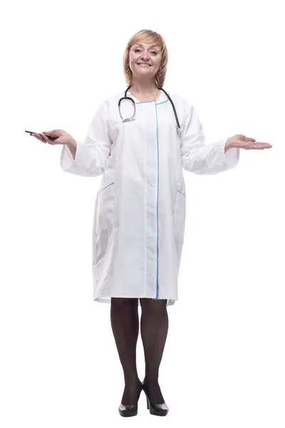 Full Growth Mature Female Doctor Smartphone Isolated White Background — Stock Photo, Image