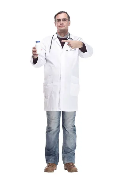 Full Growth Qualified Doctor Sanitizer Hand Isolated White Background — Stock Photo, Image
