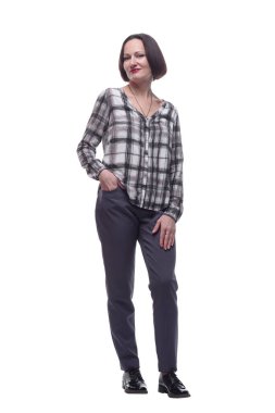 Tam gelişim. Rahat giyinen kendine güvenen olgun bir kadın. beyaz arkaplanda izole edilmiş.