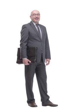 Executive business man with a leather briefcase. isolated on a white background.