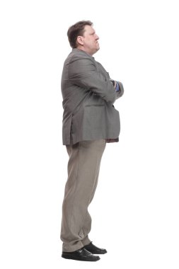 Tam boy. Gri ceketli sıradan bir adam. beyaz arkaplanda izole edilmiş.