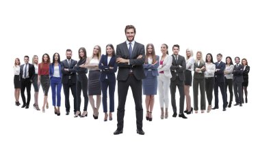 arka planda bir büyük iş takımının lideri ayakta. Beyaz arka plan üzerinde izole.