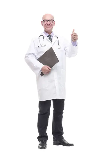 Full Growth Senior Doctor Clipboard Isolated White Background — 图库照片