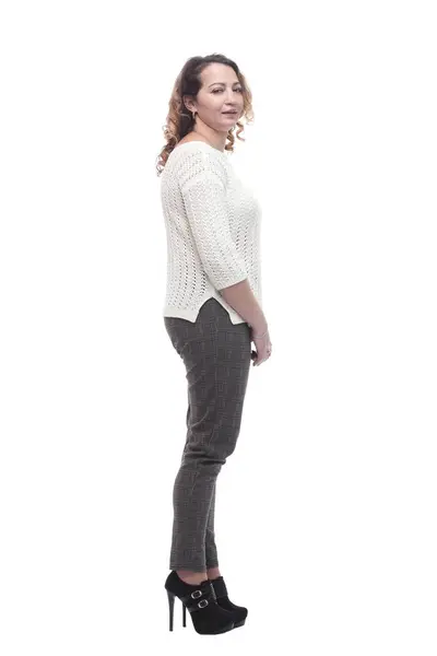 Pełnym Wzroście Atrakcyjna Młoda Kobieta Białym Swetrze Izolowany Białym Tle — Zdjęcie stockowe