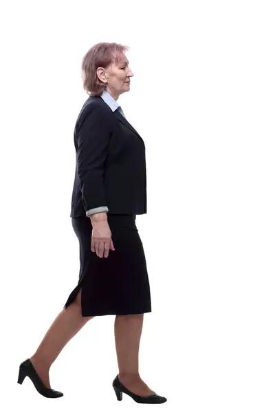 Full Growth Mature Business Woman Stepping Forward Isolated White Background — Stock Photo, Image