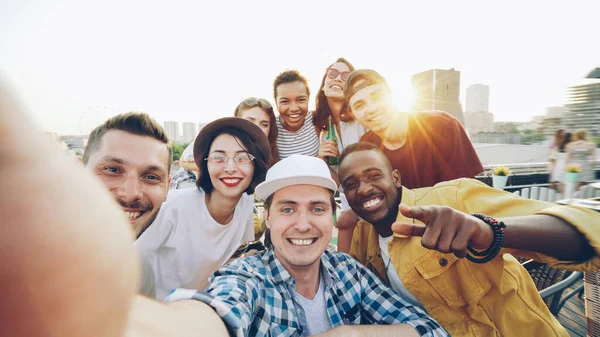 Handsome Young Man Cap Looking Camera Take Selfie People Having — Stock Photo, Image