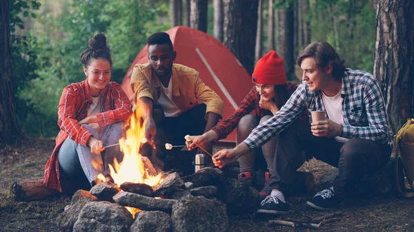 Happy Young Men Women Diverse Group Cooking Food Fire Campsite — Stock Photo, Image