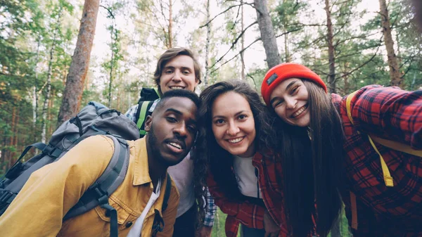 Excited Group Tourists Having Online Video Call Forest Greeting Friends — Stock Photo, Image