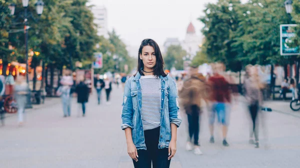 Portrait Tired Young Woman Student Standing Alone City Center Looking — Stock Photo, Image