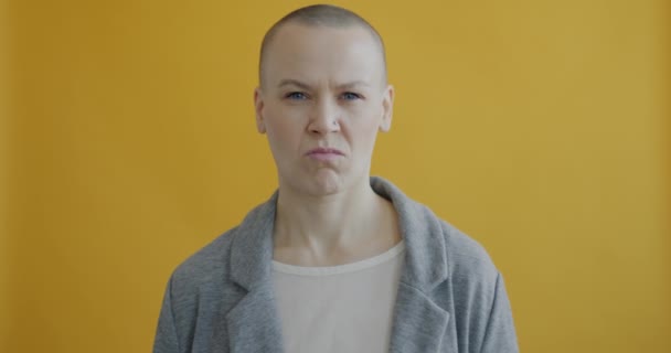 Slow Motion Portrait Displeased Woman Showing You Crazy Gesture Touching — Stock Video