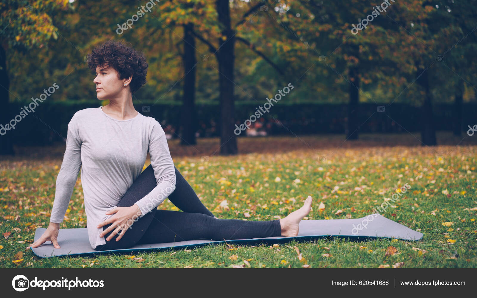 Slim Young Lady Doing Sequence Yoga Asanas Sitting Mat Park — Stock ...