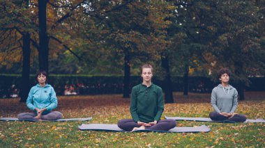 O kadın yoga eğitmeni gösteren germe egzersizleri ile lotus pozisyonda rahatlatıcı Şehir Parkı açık hava uygulamaları sırasında paspaslar üzerine oturan gözleri kapalı zaman.