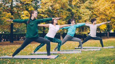 Yoga sınıf Sonbahar Doğa, temiz hava ve fiziksel aktivite zevk Park germe egzersizleri yapıyor. Ruhsal sağlık, eğlence ve sportif gençler kavramı.