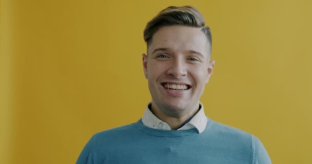 Close Slow Motion Joyful Young Man Laughing Having Fun Looking — Stock Video