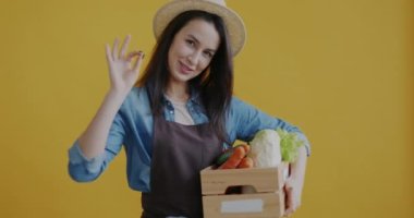 Sarı arka planda çiğ sebzeli ahşap kutu tutarak el hareketi yapan neşeli genç çiftçinin portresi. Çiftçilik ve pozitif duygu kavramı.