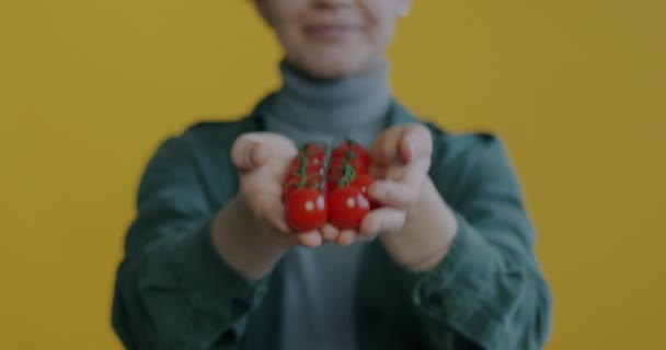 女性が黄色の背景に立って野菜を提供しながら カメラに移動するトマトを保持する女性の手のクローズアップ 有機食品と健康的なライフスタイルのコンセプト — ストック動画
