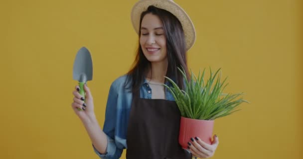 漂亮的年轻女士穿着围裙 拿着盆栽和铲子 笑着看着镜头的黄色背景 人与花卉学概念 — 图库视频影像