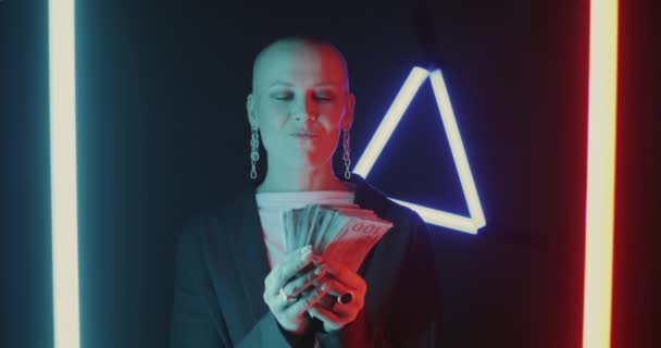 Slow Motion Young Woman Holding Cash Enjoying Money Smiling Beautiful — Stock Video