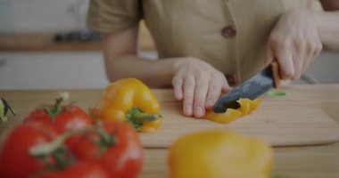 Kadınların el yapımı, sebze salatası hazırlayan, mutfakta organik biber doğrayan yakın plan fotoğrafları. Sağlıklı beslenme ve diyet konsepti.