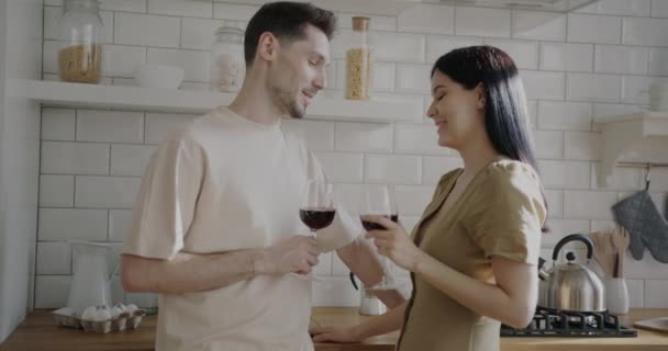 Junge Frau Klimpert Mit Fröhlichem Freund Weingläser Und Redet Küche — Stockvideo