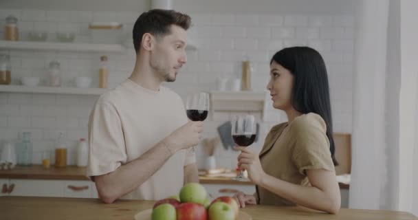 丈夫和妻子在厨房里叮叮当当地喝着酒杯 聊着轻松的话 饮料和浪漫关系概念 — 图库视频影像