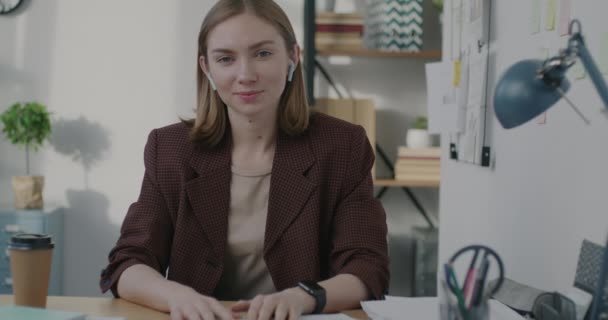 Portrait Female Employee Looking Camera Speaking Making Online Video Call — Stock Video