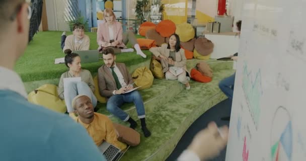 多民族のビジネスチームは 創造的な活動を一緒に楽しむ現代のコワーキングスペースで屋内に座って上司を聞いています 雇用と職場の概念 — ストック動画