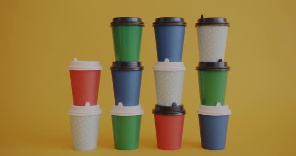 Flat Lay Colorful Cardboard Cups Coffee Female Hand Putting Drink — Stock Video