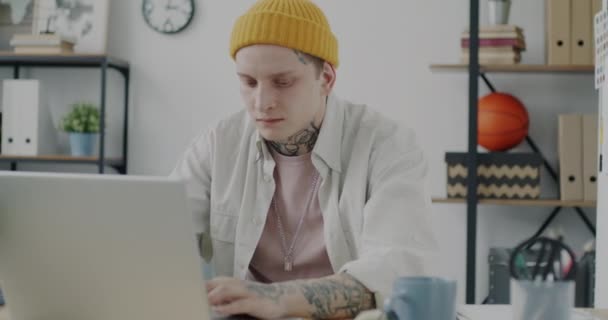 Portrait Exhausted Office Worker Using Laptop Typing Touching Head Feeling — Stock Video