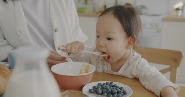 Niño Adorable Comer Alimentos Para Bebés Luego Galletas Disfrutando Comida — Vídeo de stock