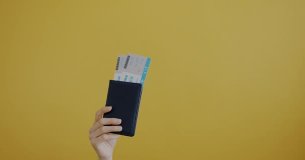 Human Hand Raising Passport Tickets Toy Plane Yellow Color Background — Stock Video