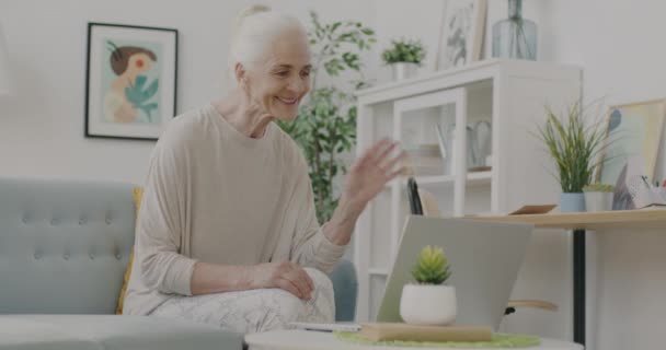Šťastná Starší Žena Těší Virtuální Setkání Mluvení Gestikulace Rukou Pomocí — Stock video